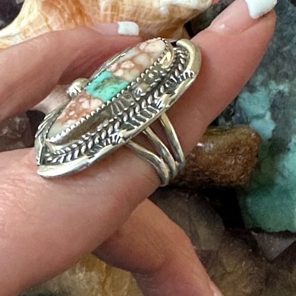 Red vein jasper turquoise ribbon 925 solid sterling silver native made ring - Picture 4 of 6